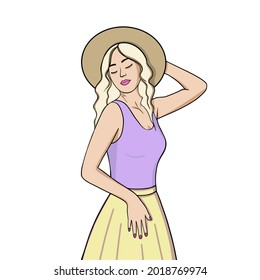 Hermosa chica rubia en un vector de sombrero. Ilustración para imprimir, fondos, cubiertas, embalaje, tarjetas de felicitación, carteles, pegatinas, textiles y diseño estacional. Aislado sobre fondo blanco.