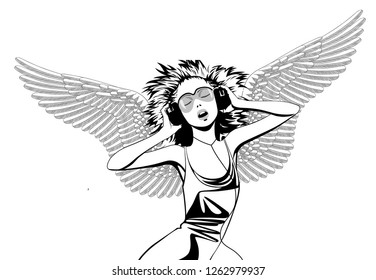 Beautiful blonde girl  with head-phones with angels wings. Angel girl with wings. Vector illustration