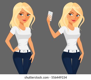 Beautiful Blonde Girl Holding Her Mobile Phone And Taking Selfie. Beautiful Young Woman, Cartoon Illustration.