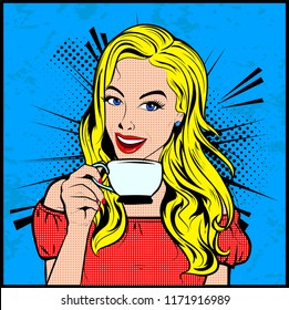 Beautiful Blonde Girl with morning cup of Tea or Coffee. Retro lady with cafe mug. Vector Illustration In Retro Vintage Pop Art Comic Style