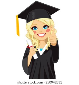 Beautiful blonde girl on graduation day with diploma and making thumbs up hand sign