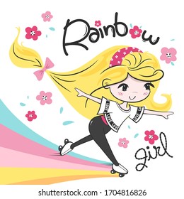 Beautiful blonde girl on roller skates with rainbow isolated on white background illustration vector.