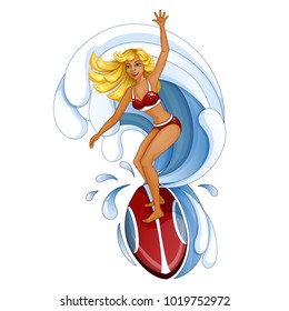 Beautiful blonde girl on a surfboard, behind a funnel wave. Holidays in the Hawaiian Islands. Vector illustration. Funny characters in the style of a cartoon.