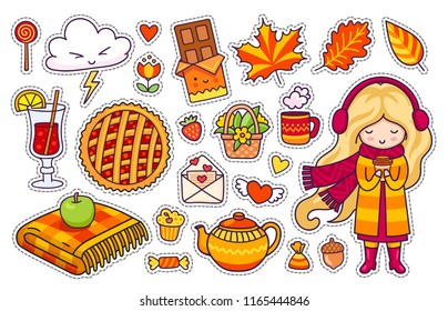Beautiful blonde girl, plaid, berry pie, autumn leaves, mulled wine, chocolate, kettle, coffee. Vector elements, stickers, pins, badges, patches.