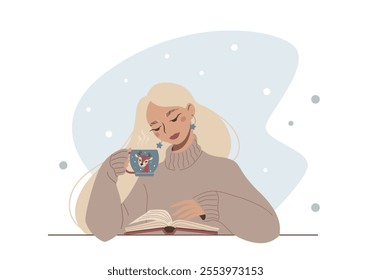 Beautiful blonde girl reading a book and drinking coffee. Vector winter cozy illustration in a flat style. Portrait of nice elegance young woman with a long hairs. Lady with a cup of hot drink.