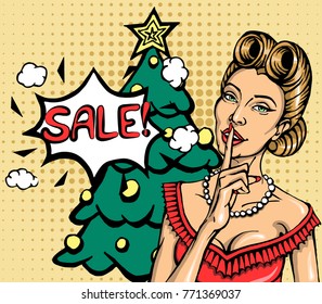 Beautiful blonde girl in red dress talking Sale. Pop art retro comic vector illustration isolated on a beige background with dots and Christmas tree. Christmas and New Year sale