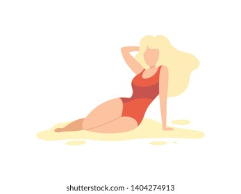 Beautiful Blonde Girl in Red Swimsuit Relaxing on Beach Vector Illustration