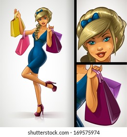 Beautiful blonde girl with shopping bags. Shopoholic. Happy and smiling woman. Vector clip art