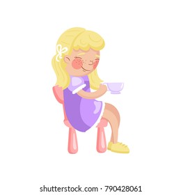 Beautiful blonde girl sitting on toy chair and holding tea cup, girl playing at tea party cartoon vector Illustration