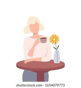 Beautiful Blonde Girl Sitting at Table and Drinking Coffee or Tea, Young Woman Character Holding Tea Cup Flat Vector Illustration