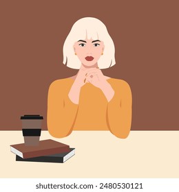 Beautiful blonde girl sitting at a table with books and coffee in trendy colours. The illustration is in a realistic style.