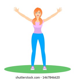 Beautiful blonde girl stands in sportswear with hands up. Happy to do gymnastics. Vector isolated illustration.
