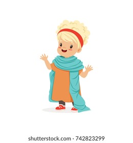 Beautiful blonde girl wearing dult oversized elegant clothes, kid pretending to be adult vector Illustration