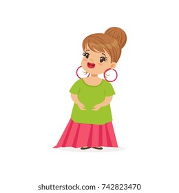 Beautiful blonde girl wearing dult oversized clothes and earings, kid pretending to be adult vector Illustration