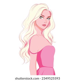 Hermosa chica rubia con vector de vestir rosa