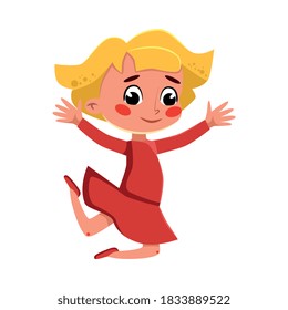 Beautiful Blonde Girl Wearing Red Dress Happily Jumping, Cute Preschool Kid Having Fun, Celebrating Holiday, Doing Sports Cartoon Style Vector Illustration