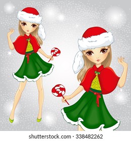 Beautiful blonde girl wearing Santa Claus clothes with candy on Christmas background
