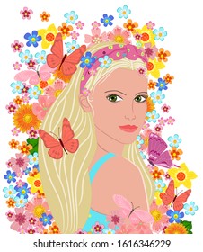beautiful blonde hair girl looking over her shoulder surrounded by flowers   butterflies flying around for your design  