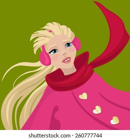Beautiful blonde hair girl with pink winter earmuffs on the green background. Vector color illustration of the cute woman in spring pink coat and red scarf. Illustration for shops, fashion magazines.