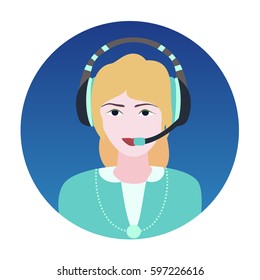 
Beautiful blonde in headphones with microphone. A DJ girl or a call center support specialist. Vector sign isolated cartoon colored illustration. Business Lade on dark background