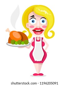 Beautiful blonde housewife with fried duck, vector illustration.