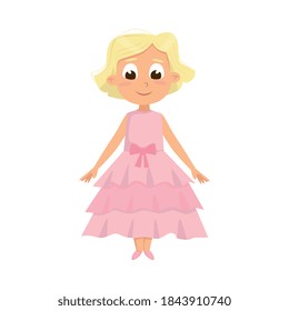 Beautiful Blonde Little Girl in Elegant Pink Dress, Cute Kid Wearing Nice Retro Clothes Cartoon Style Vector Illustration