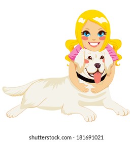 Beautiful blonde little girl hugging golden retriever dog pet