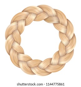 Beautiful blonde pigtail ring curly wavy. Realistic hair swirl. Color flow circle. Detailed volume wave isolated. Colorful hair stairs plaited in pigtail. Vector illustration for print or web design.