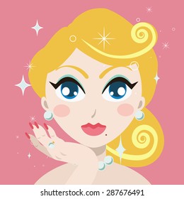 Beautiful blonde pin up retro looking elegant sparkling lady. Full make up, jewelery and manicure vector illustration