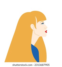 Bonita rubia. Retrato de mujer joven con alta autoestima - piel pálida, pelo dorado largo, labios rojos. Vista lateral. Ilustración vectorial moderna. 