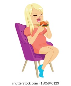 Beautiful Blonde Pregnant Woman Eating Delicious Burger Sitting On Purple Armchair Craving Concept