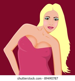 Beautiful blonde in red gown. Vector illustration