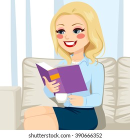 Beautiful blonde senior woman reading book relaxing on sofa drinking coffee