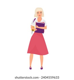 Beautiful blonde student girl with stack of books. Stylish female student with backpack cartoon vector illustration