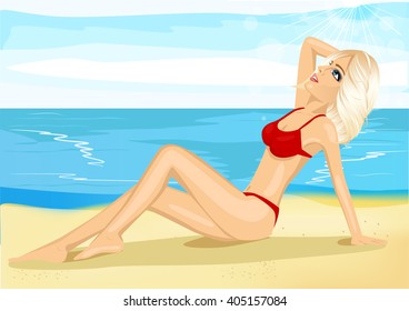 Beautiful blonde sunbathing on the beach looking at the sky