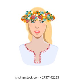 Beautiful Blonde Swedish Girl With Flower Wreath. Midsummer Holiday Vector Illustration.