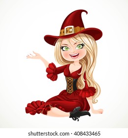 Beautiful blonde witch in maroon dress sitting on the floor and shows the side 