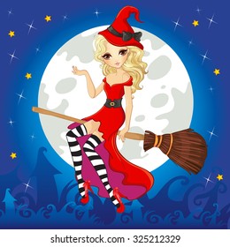 Beautiful blonde witch in red dress flying on broom on Halloween sky background