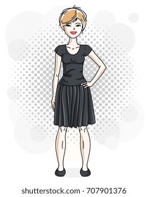 Beautiful blonde woman adult standing on decorative background with bubbles and wearing casual clothes. Vector attractive female illustration. Lifestyle theme cartoon.