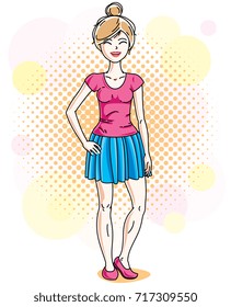Beautiful blonde woman adult standing on colorful background with bubbles and wearing casual clothes. Vector attractive female illustration. Lifestyle theme cartoon.