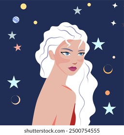 Una hermosa mujer rubia contra un fondo de estrellas. Ilustración vectorial para los signos del zodiaco. La niña representa el signo del zodiaco y varios Elementos. Alrededor del cosmos hay planetas y constelaciones