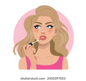 beautiful blonde woman applying lip gloss on her lips, vector illustration