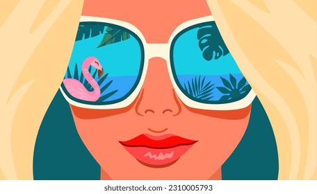 Hermosa mujer rubia con grandes gafas de sol. Cartel de verano. La cara de las mujeres de cerca.
