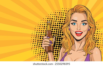 Hermosa mujer rubia con una botella de cerveza en estilo pop art. Sobre un fondo coloreado. Estilo cómico de Vector de arte Pop