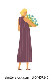 Beautiful blonde woman with a bouquet of flowers. Female character isolated on white background. International Women's Day. Vector illustration in flat style