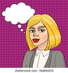 Beautiful blonde woman in business smart suit with thought bubble isolated on seamless polka dot background. Vector illustration in pop art retro style for advertising, poster, invitation, print.