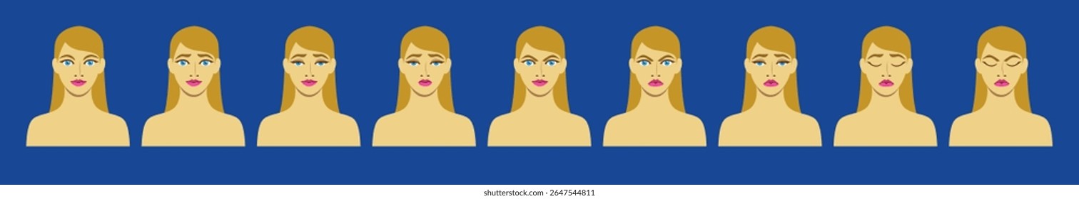 Linda mulher loira personagem 2D emoções set