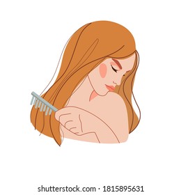 Una hermosa mujer rubia está peinándose con un cepillo de pelo. Procedimientos de enfermería. Hace estilo. Ilustración vectorial moderna. Dibujado a mano. Para productos cosméticos y diseño web.