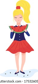 Beautiful blonde woman eat slice of bulk watermelon concept and vector illustration on white background. Female character eat sweet red watermelon, ripe berry and fruit. Flat style.