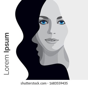 Beautiful Blonde Woman Face With Long Hair, Puffy Lips And Sexy Sight. Fashion Style, Make Up, Book Cover, Vector. Poster, Label, Banner, Flyer, Calendar, Booklet, Gift Card, Magazine Spread, Perfume.